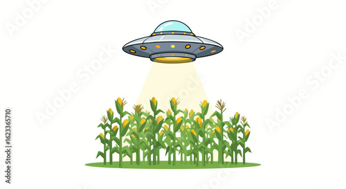 Unidentified Flying Object hovering over a verdant cornfield, casting an ethereal glow on the crops, showcasing a whimsical extraterrestrial