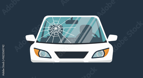 Vector illustration of a car with a cracked windshield depicting accident damage and repair needs for insurance purposes