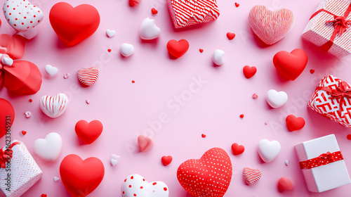 Romantic Valentines Day Background with Red and White Hearts and Wrapped Gifts Creating a Frame on Light Pink Backdrop
