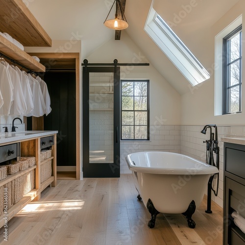 A luxurious bathroom featuring a freestanding bathtub, wooden floors, a sliding barn door, and ample storage, creating a serene ambiance