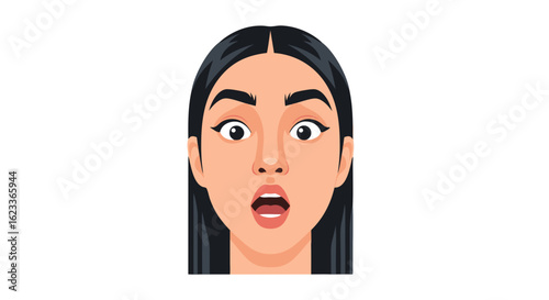 Cartoon illustration of a surprised woman with long black hair and wide eyes showcasing sudden astonishment