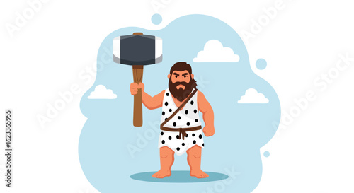 Cartoon caveman wielding a large hammer with determination against a serene blue background emphasizing ancient strength and simple beginnings
