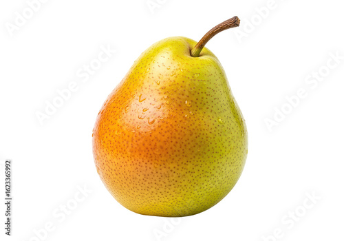 Juicy ripe pear glistening with water droplets, showcasing vibrant colors and fresh appeal for healthy eating concepts.