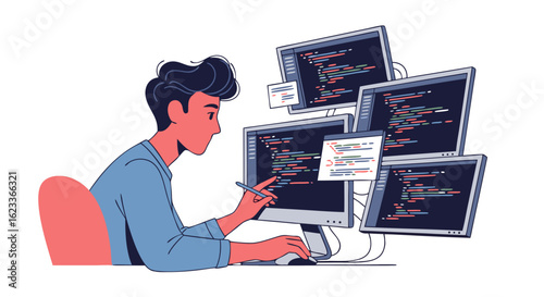 Focused programmer immersed in complex code debugging across multiple screens