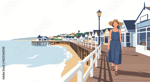 Coastal Serenity: A Woman's Leisurely Stroll Along a Picturesque Pier by the Seaside Escapade Retreat Destination Awe Pier
