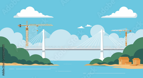 Stylized construction scene showcasing a coastal bridge under development against a serene blue sky backdrop with fluffy clouds