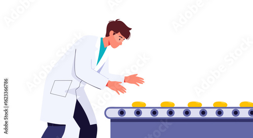 Scientist Inspecting Production Line of Golden Capsules in a Pharmaceutical Factory Setting Showing Quality Control and Manufacturing Process
