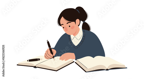 Focused student diligently studying with open books and pen on her desk in a learning environment depicting academia and knowledge acquisition