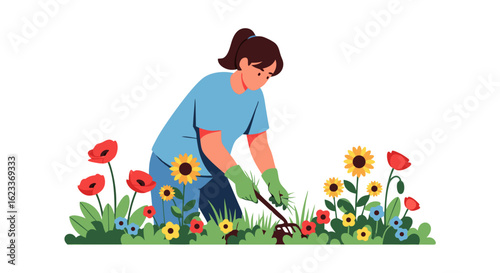 Vector illustration featuring a woman with gardening gloves weeding flowers, enjoying spring in a garden paradise amidst poppies and sunflowers in a