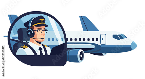 Focused aircraft pilot navigating flight with professionalism in cockpit view for travel illustration for airlines and transport companies