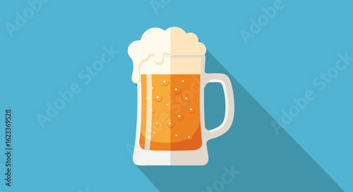 Stylized beer mug vector graphic with frothy head against a light blue background, emphasizing flat design and a refreshing visual appeal
