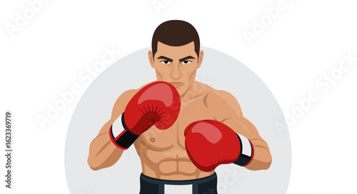 Determined Boxer in Fighting Stance Ready to Spar with Red Gloves and Focused Expression