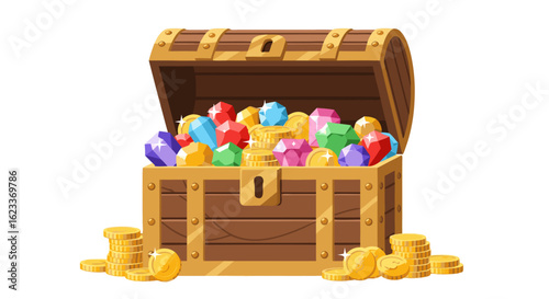 Illustration showcasing an open treasure chest overflowing with sparkling gems and gold coins representing wealth and prosperity