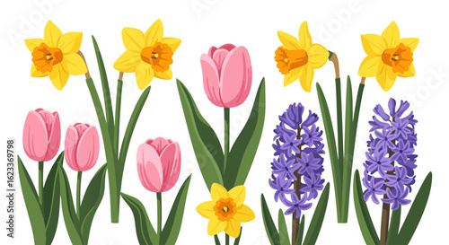 Cheerful Springtime Floral Arrangement featuring Tulips Daffodils and Hyacinths in Vibrant Colors