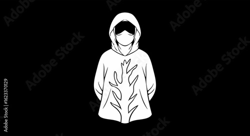 Monochrome depiction of a mysterious hooded figure with stylized branch design creating an intriguing artistic representation