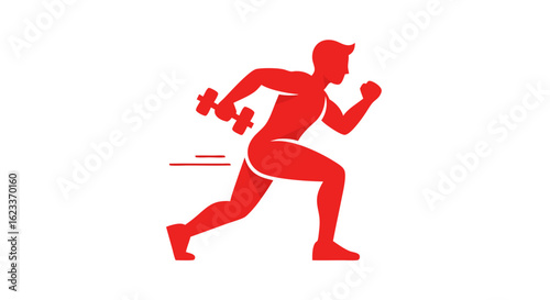 Dynamic scarlet silhouette showcasing a sprinter hefting dumbbells with indicators of swift motion and potent vitality