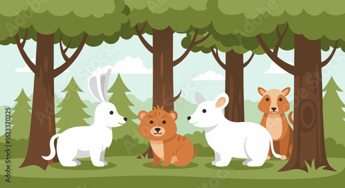 Enchanting Forest Encounter: A Whimsical Gathering of Animals Amidst Verdant Trees and Gentle Sunlight