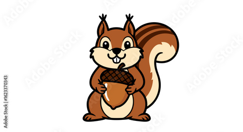 Delightful depiction of a cartoon squirrel clutching its precious acorn, a charming, whimsical illustration, perfect for children's books and