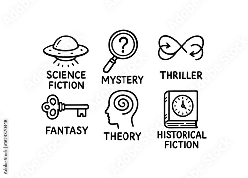hand drawn cute doodle style line isolated on white background time travel paradox (genres): science fiction mystery thriller fantasy theory historical fiction