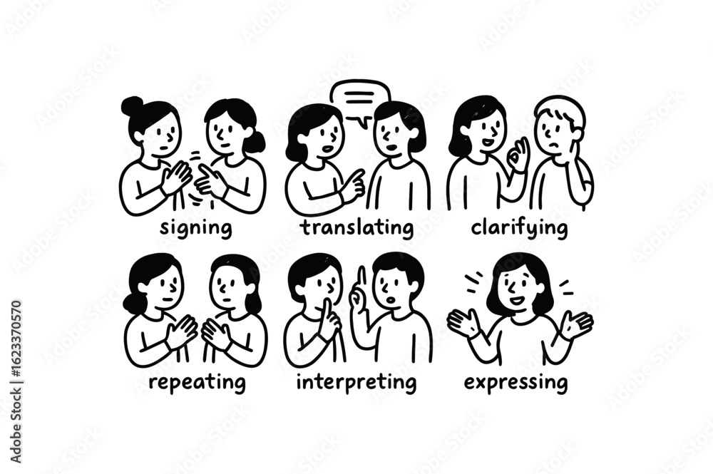hand drawn cute doodle style line isolated on white background sign language interpreter (activities): signing translating clarifying repeating interpreting expressing