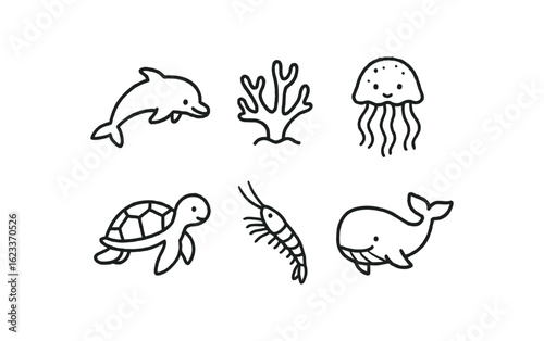 hand drawn cute doodle style line isolated on white background marine biologist (species): dolphin coral jellyfish sea turtle krill whale