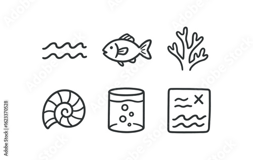 hand drawn cute doodle style line isolated on white background marine biologist (symbols): wave line fish icon coral shape mark tank bubble sea chart