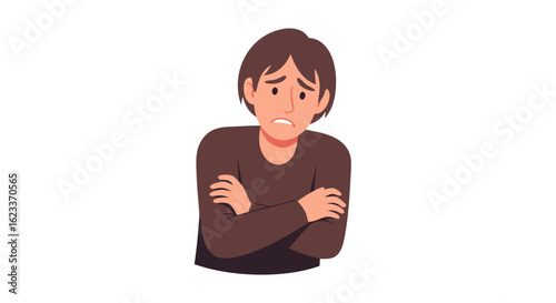 Cartoon illustration depicting a person experiencing sadness or worry due to feeling isolated and anxious, with arms crossed looking distressed
