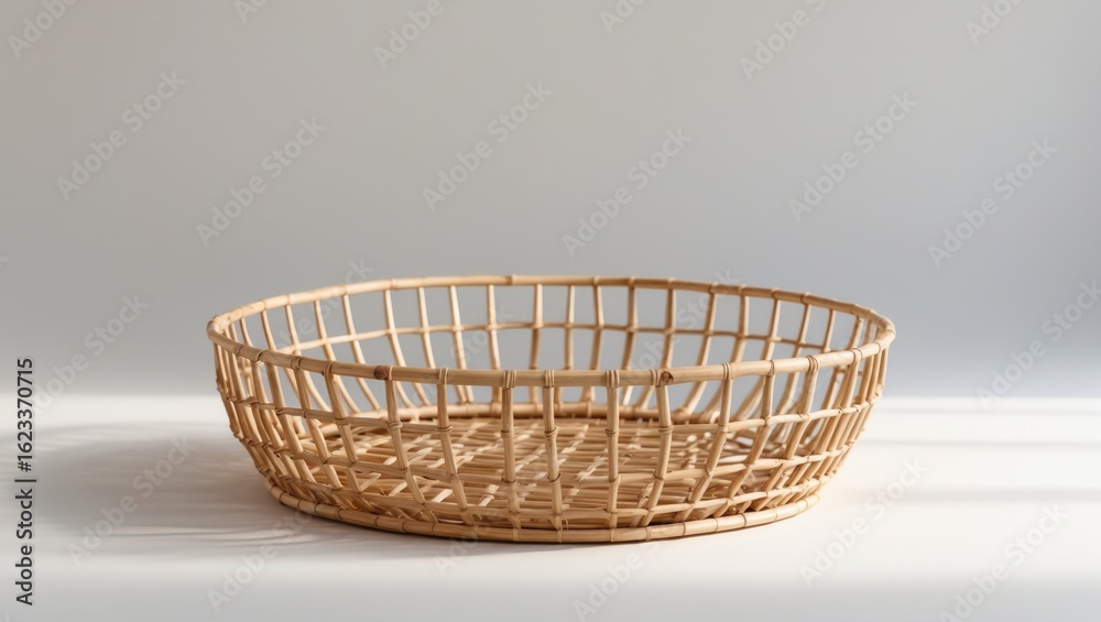 Obraz premium Empty woven basket on a light surface with a plain background.