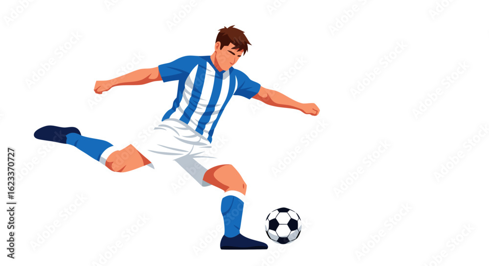 Dynamic vector illustration of a soccer player kicking a ball with force and accuracy during an intense match depicted against a clean white backdrop Dynamic vector illustration of a soccer player kicking a ball with force and accuracy during an intense match depicted against a clean white backdrop