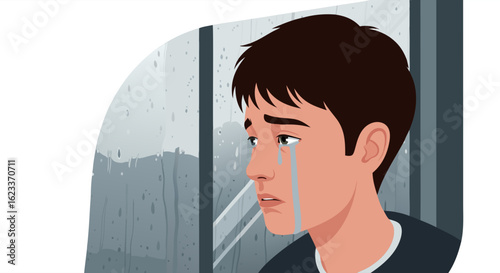 Isolated in sorrow: A boy's somber reflection on a rain-soaked day, capturing moments of despair and loneliness against a backdrop of melancholic