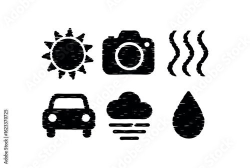 flat black solid icon items isolated on white background visual distortion (causes): heat wave lens issue motion fog refraction digital glitch