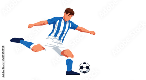 Dynamic vector illustration of a soccer player kicking a ball with force and accuracy during an intense match depicted against a clean white backdrop