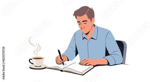 Man writing in a notebook with a cup of coffee on a white background illustration