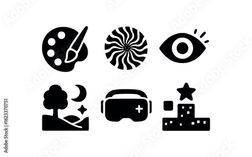 flat black solid icon items isolated on white background visual distortion (contexts): art illusion visual impairment dream scene virtual space game graphics