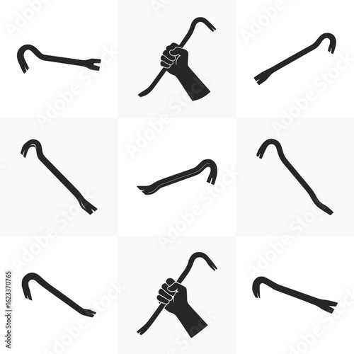 Pry Bar Vector Bundle. Set of Pry Bar Silhouette for Demolition, Construction, and Repair Projects
