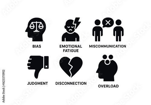 flat black solid icon items isolated on white background empathy barrier (causes): bias emotional fatigue miscommunication judgment disconnection overload