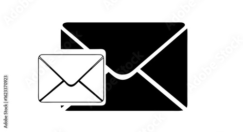 Elegant flat design of two envelopes in black and white, indicating digital communication and mail, symbolizing messaging concept with