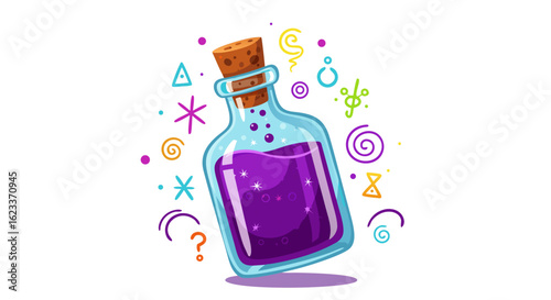 Enchanted Elixir: A Whimsical Illustration of a Mysterious Potion Bottle Surrounded by Spellbinding Elements