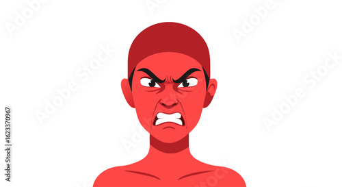 Illustration of an Intense Red-Faced Character Exhibiting Extreme Anger and Frustration against a Plain Background