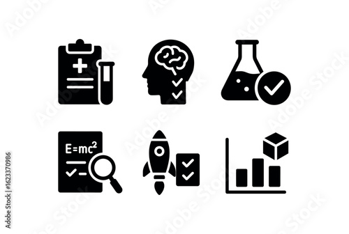 flat black solid icon items isolated on white background scientific hypothesis screening (uses): clinical trial psychology test lab experiment theory validation pilot study model testing