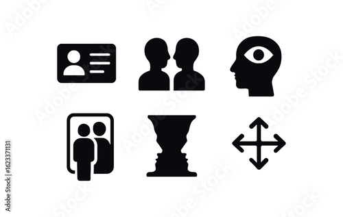 flat black solid icon items isolated on white background mirror reflection (concepts): identity duality perception self image illusion symmetry
