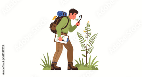 Botanist Examining Plant Life with Magnifying Glass During Outdoor Exploration and Scientific Research for Nature Conservation and Environmental Study