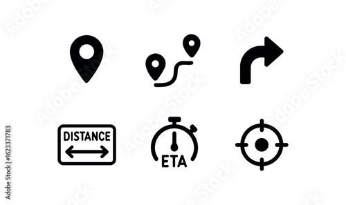 flat black solid icon items isolated on white background navigation system (symbols): location pin route line arrow curve distance box ETA timer re center icon