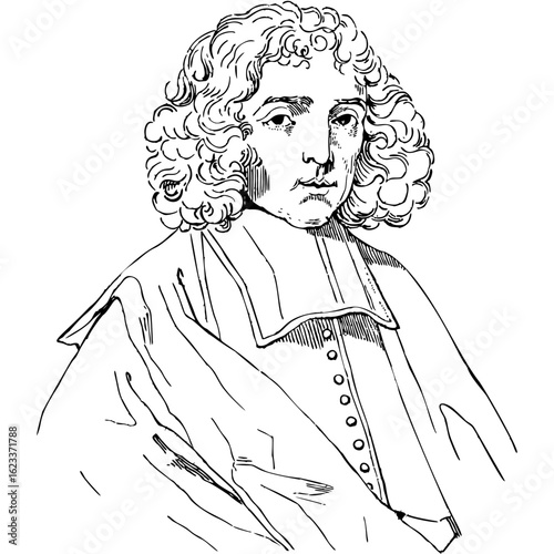 Historical line art portrait of a 17th-century European scholar. A vintage engraving-style illustration of a man with a wig and formal coat.