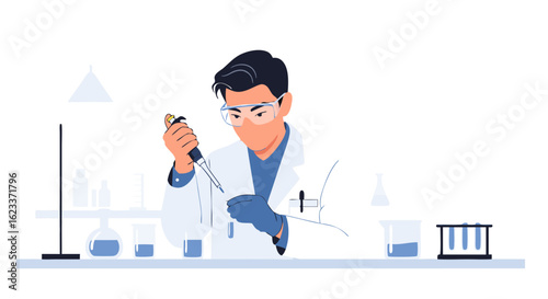 Scientist conducting experiment with pipette and test tube in laboratory setting showcasing precision and scientific study meticulously in a modern