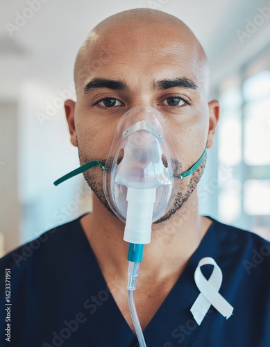 Person with Oxygen Mask in Hospital Setting for Lung Cancer Awareness