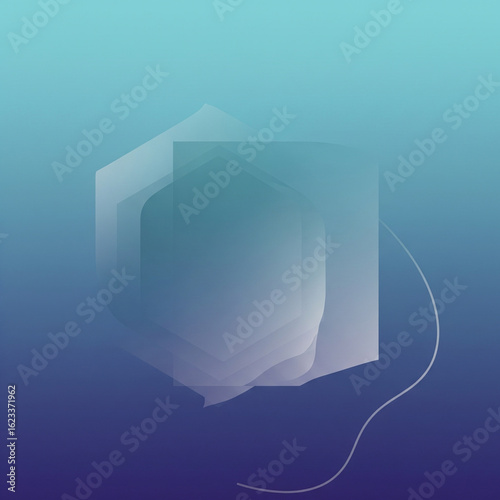 Cube and Gradient Abstract Illustration. Abstract Illustration of a Transparent Cube Floating on a Blue and Purple Gradient Background. Technology, Design, Geometry, Future, Science, 3D.
