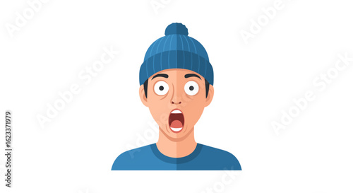 Cartoon portrayal of a man with a surprised expression wearing a blue hat against a plain white backdrop