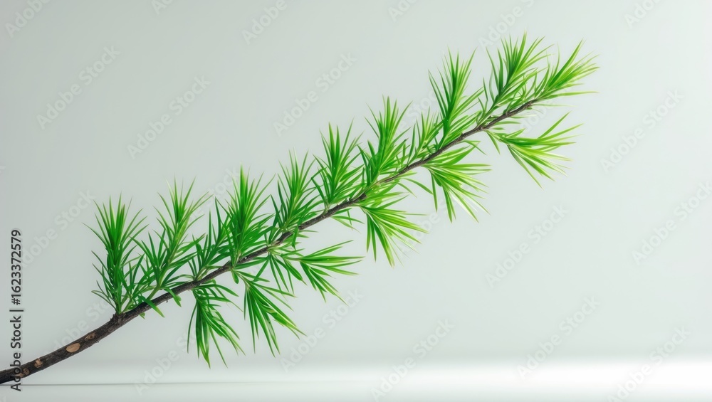 Fototapeta premium A branch of green pine needles on a light background.