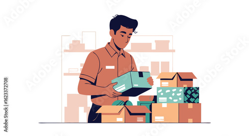 Warehouse worker inspecting package inventory in a dispatch center showcasing organized logistics and meticulous management of goods ready for